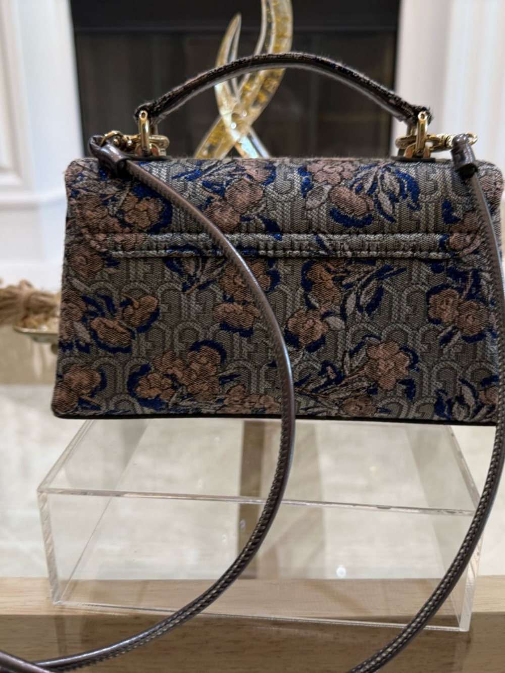 Furla 1927 Mini Bag M in Blue Floral Jacquard with Gold Hardware - Picture 14 of 16